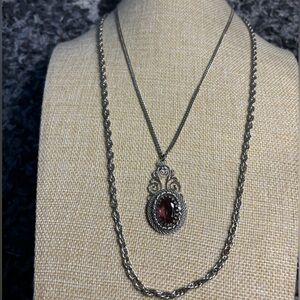 Edwardian-style garnet silver pendant Necklace